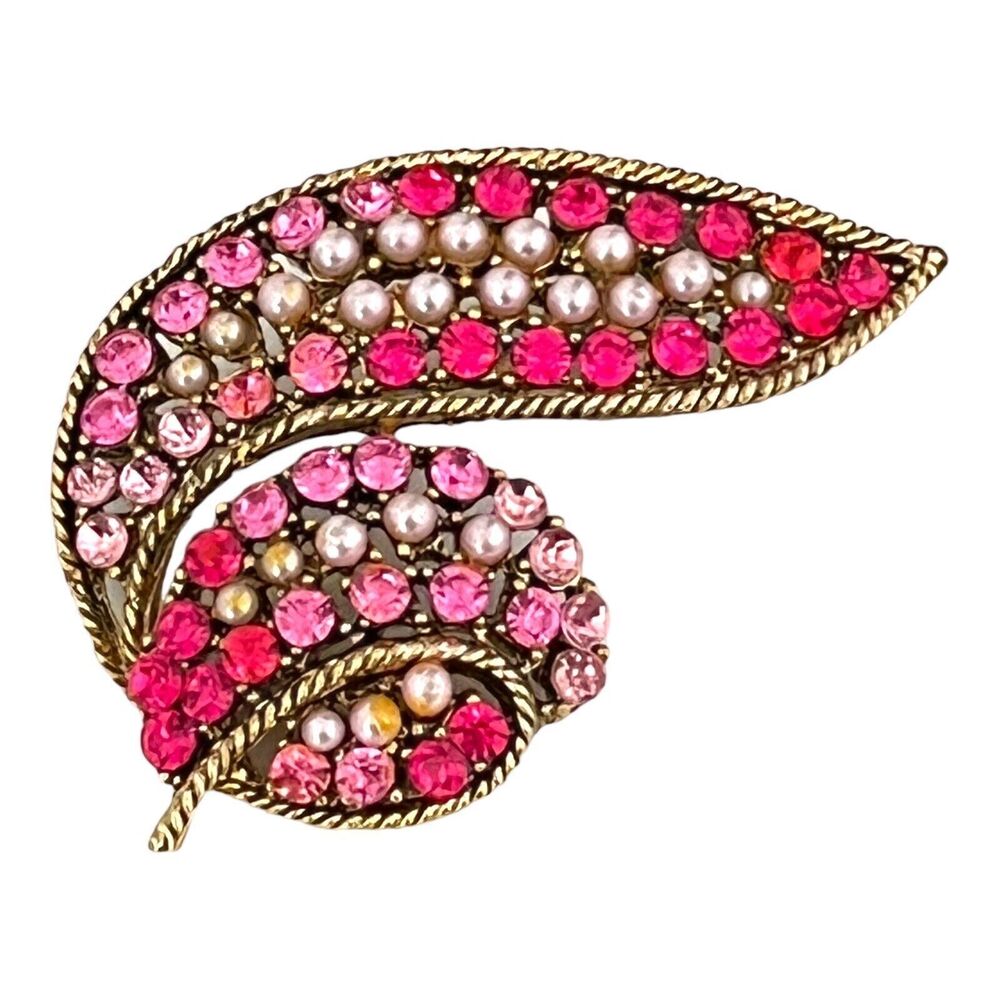 Vintage 1960s Rhinestone Brooch Pink Faux Pearl Gold Tone Leaf Mid Century - 4L